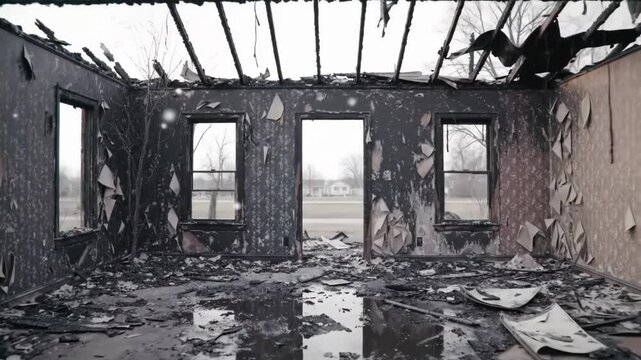 The interior of a house completely destroyed and burned by a fire.