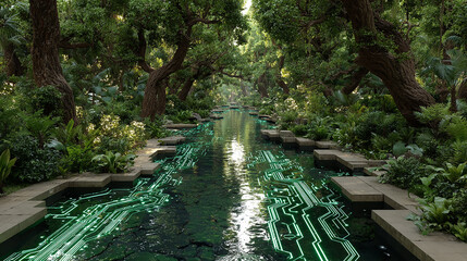 Lush green forest canal glowing circuit design water nature technology