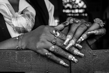 Cuba, Havana. Old Havana, Habana Vieja, Street vendors, fingernails, highly decorated.