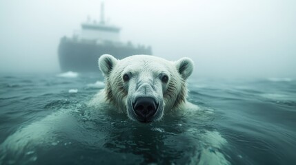 An evocative image of a polar bear swimming in misty waters, creating a moment of awe as this majestic creature navigates its chilly, serene Arctic habitat.