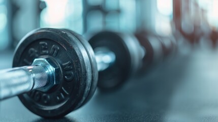 A focused shot of dumbbells neatly arranged in a gym, illustrating fitness dedication and the pursuit of health and wellness in a contemporary training environment.