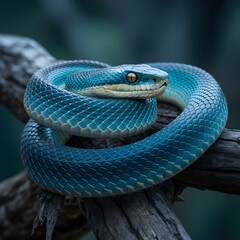 Vibrant Blue Snake on Dark Rocks