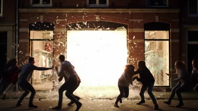 People are thrown back by a sudden fiery explosion in a city store.