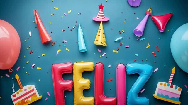 4K Animated Birthday Greeting in Spanish with Vibrant Party Elements &ndash; Balloons, Confetti, Cake Icons, and Bold Feliz Cumplea&ntilde;os Text in Fun Flat Graphics

