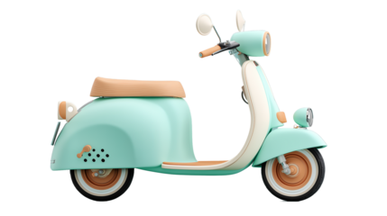 Electric scooter in soft mint green color, modern 3D style, shadowed base, white background, PNG