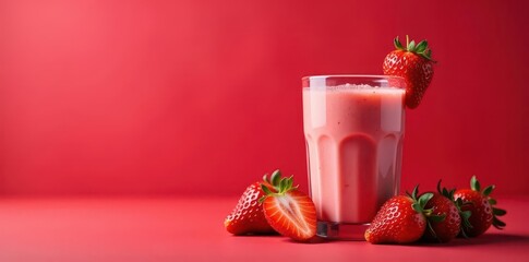Fresh strawberry smoothie on modern red background, colorful drinks, purple background