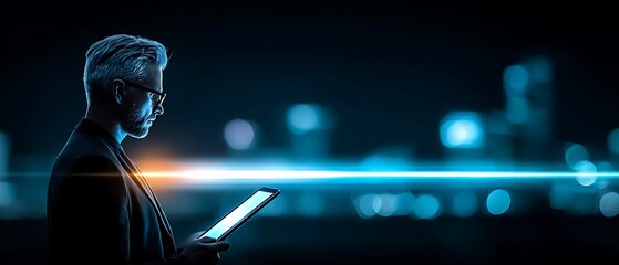 Businessman reads tablet at night