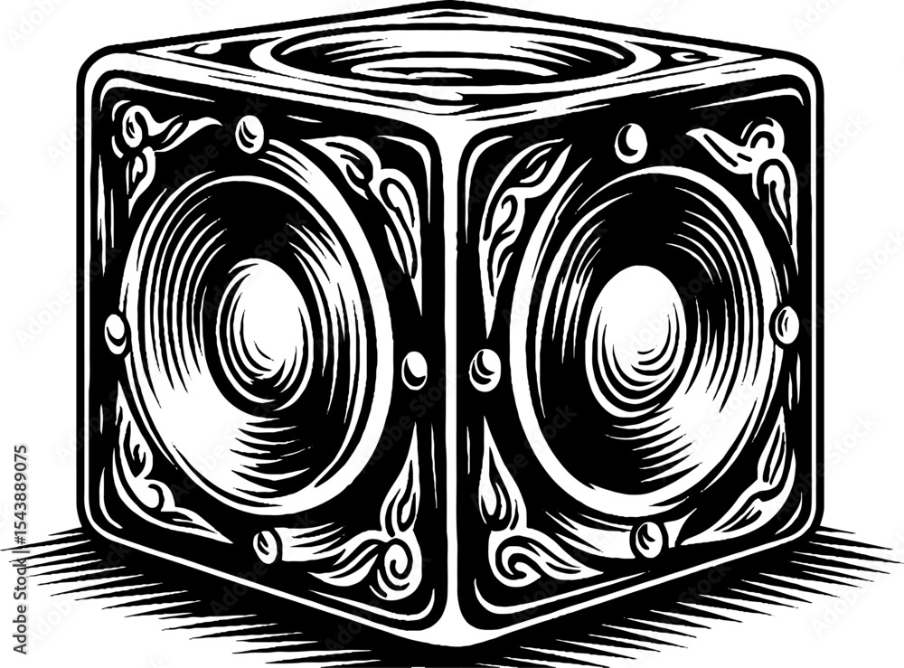 Poster geometric cube design with intricate rings and ornamental dots for art projects