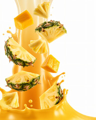 tropical fruit juice explosion with pineapple chunks and mango pieces suspended