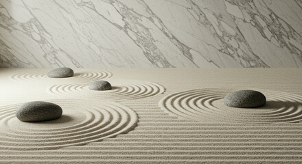 Naklejka premium Zen garden featuring four stones arranged on rippled sand against a marblepatterned wall