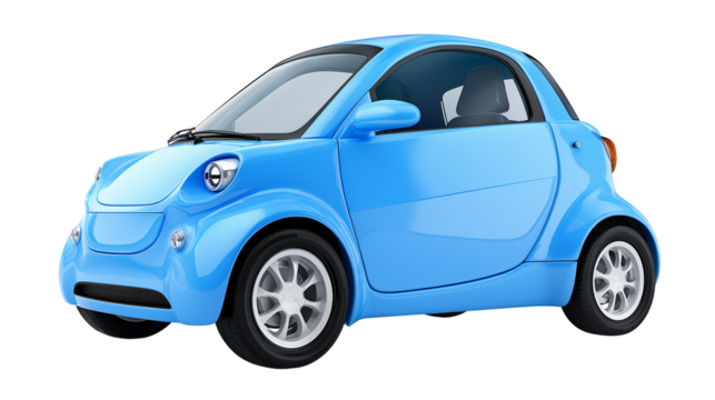 Cute compact blue city car, soft round edges, 3D render, isolated on white, suitable for mobile game icon, PNG