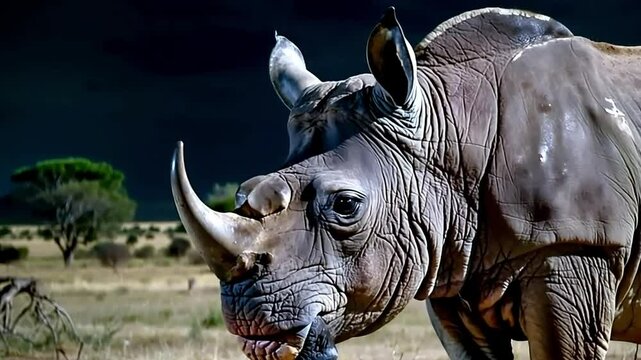 Close up of Black rhinoceros (Diceros bicornis) at night in Tsavo National Park, Kenya. High sensitivity camera.

