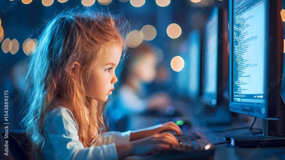Poster a young girl intently typing on a keyboard in front of a computer screen, potentially coding or work