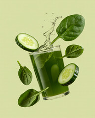 a green detox juice with spinach leaves and cucumber slices in dynamic motion