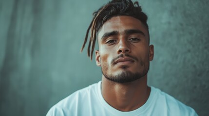 Obraz premium A confident young man with a stylish haircut poses thoughtfully against a textured background, showcasing his modern fashion sense and strong personality.