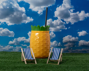 Summer Vibes with Pineapple Drink and Beach Chairs