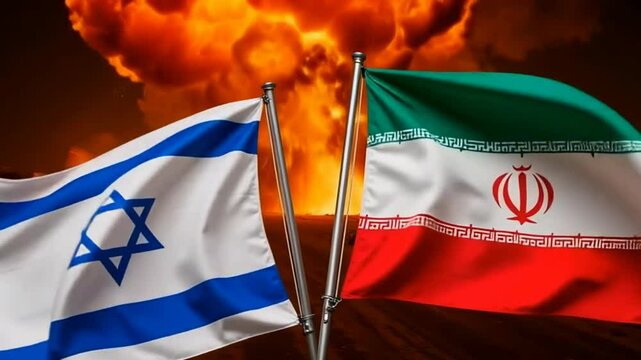 The image depicts the flags of Israel and Iran crossed in front of a dramatic explosion backdrop, symbolizing tension between the two nations.