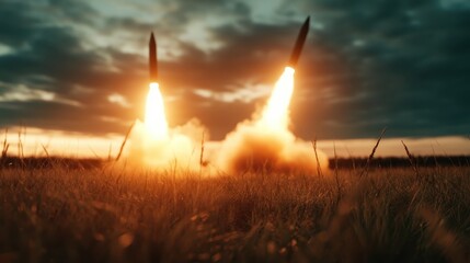 Two powerful missiles ascend into the sky, leaving a trail of smoke at sunset, representing technological advancement, conflict, and human ambition in a dramatic landscape.