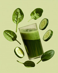 a green detox juice with spinach leaves and cucumber slices in dynamic motion