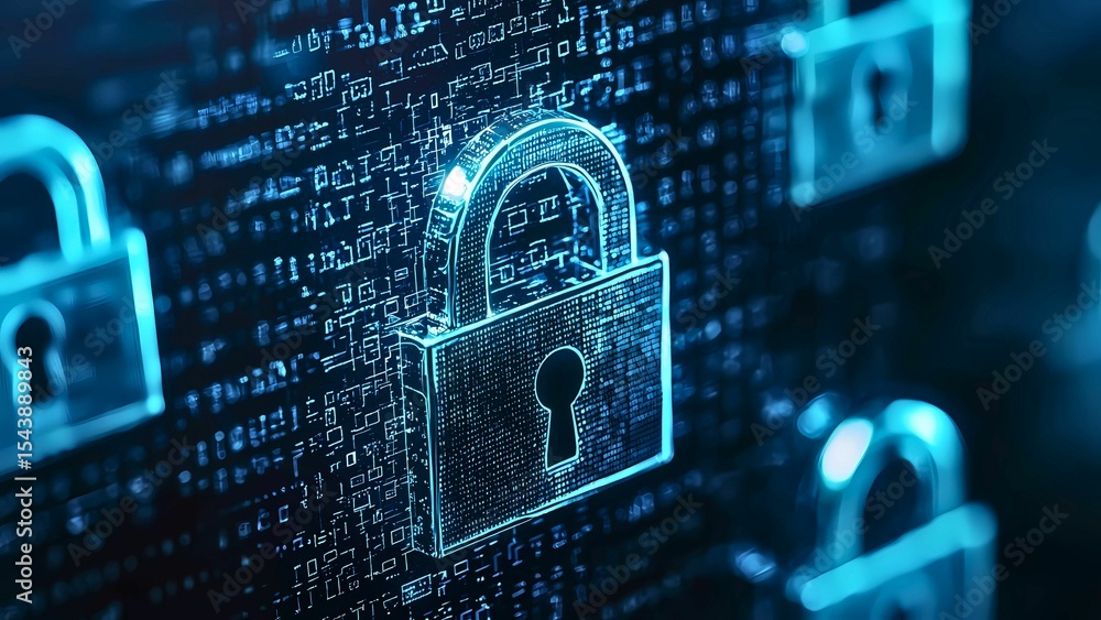 Poster a glowing padlock surrounded by binary code, symbolizing digital security and protection. it evokes 