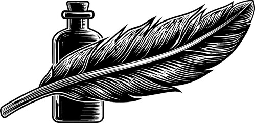 Feather quill and ink bottle in vintage black and white design for writing enthusiasts