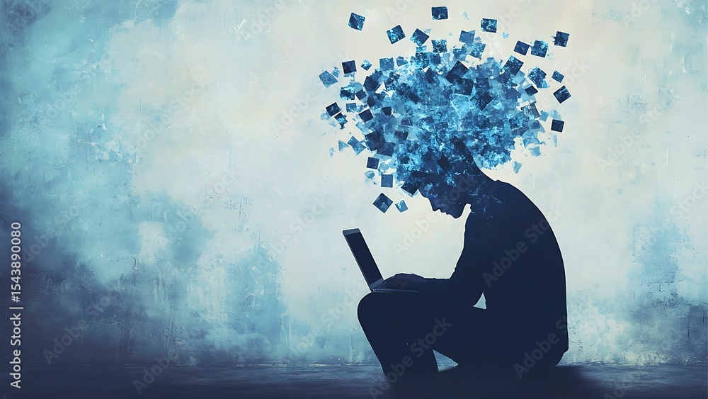Poster abstract artwork of a person using a laptop with floating cubes around their head