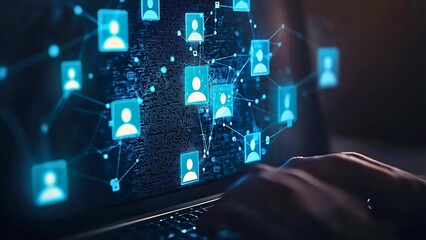 Person using laptop with social network connection interface shown on screen. Hands are typing on keyboard