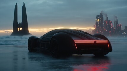 Featuring a sleek, futuristic car with a backdrop of a dramatic cityscape, this image conveys a sense of adventure and innovation in a cyberpunk aesthetic.