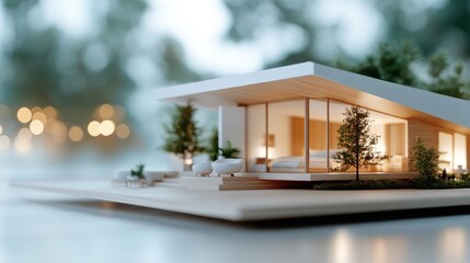 This image features a beautifully designed architectural model set amidst greenery, showcasing contemporary design principles and harmonious living with nature.