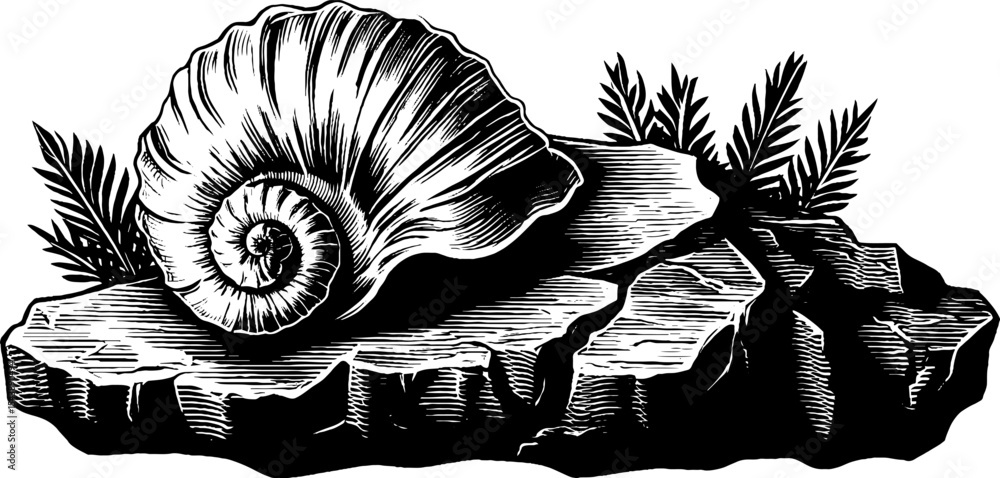 Poster fossil shell on textured rock with ferns in black and white design