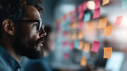 Obraz premium A focused man stares contemplatively at colorful sticky notes on a wall, illustrating the intersection of creativity and organizational thought processes.