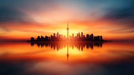 The beautiful Toronto skyline is silhouetted against a vibrant sunset, reflecting on the calm waters with stunning colors and architectural variety, creating a serene moment.