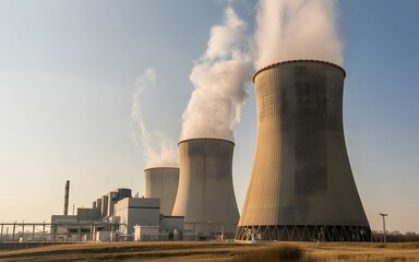 nuclear power plant with cooling towers emitting steam