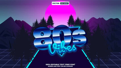 80s vibes trendy, colorful retro 3d editable vector text effect with 80s and 90s retro aesthetic neon glowing background.