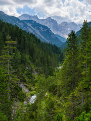 The valley Lechtal near Mitteregg in the Lechtal Alps Mt. Heiterwand in the background. Central Europe, Austria, Tyrol