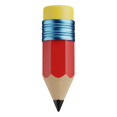 Red pencil with yellow eraser and blue band isolated on transparent background
