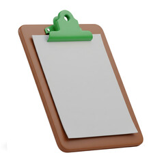 Brown clipboard with blank white paper isolated on transparent background