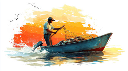 A fisherman casts a net from a boat during a vibrant sunset, with birds flying overhead and water splashing around.