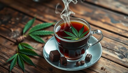 Steaming cup of cannabis tea with chocolate edibles on rustic wood,  rustic,  weed