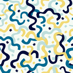 Vector seamless pattern. Abstract art texture. Creative wavy background. Light yellow, dark blue and light blue colors.
