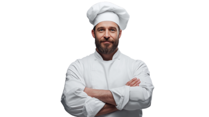 Professional chef in uniform crossing arms confidently, top half only, cinematic studio light, PNG