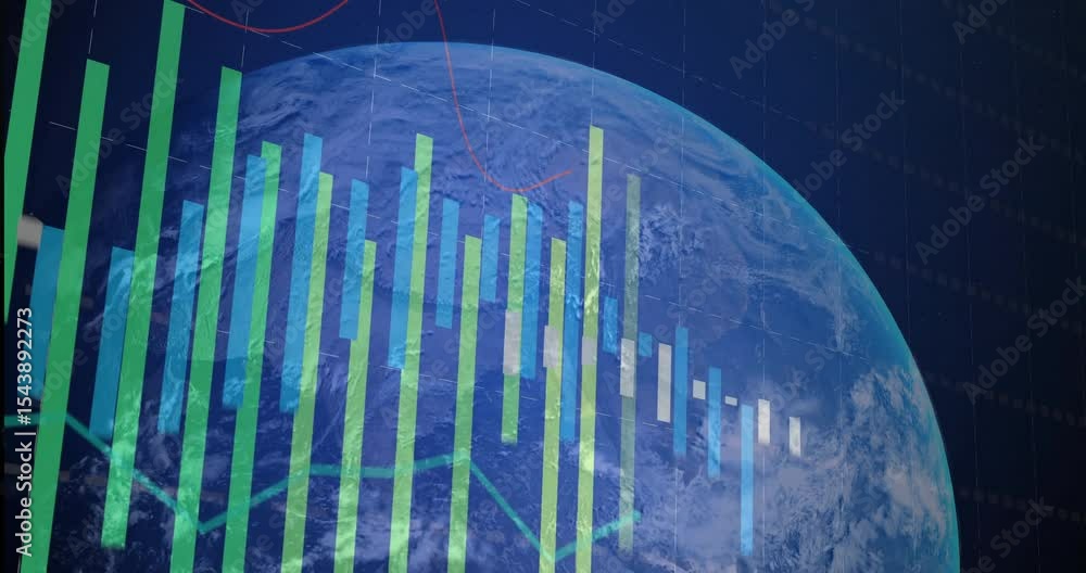 Poster opening revealing globe data bars spawning along grid edge red line tracing live data visualization