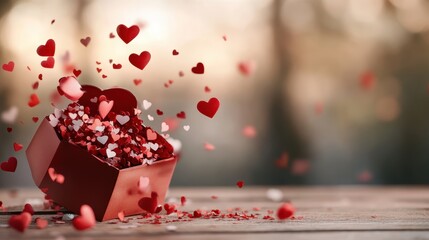 A gift box overflowing with colorful hearts expresses love and affection, beautifully conveying the joyful emotions associated with relationships and heartfelt celebrations.