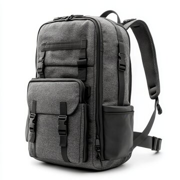 A modern, gray fabric backpack with multiple compartments, adjustable straps, and a padded back for comfortable carrying.