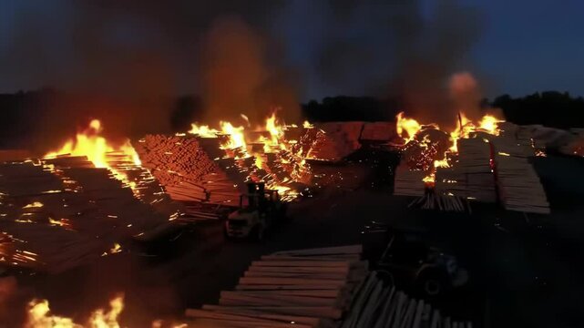Aerial view of a massive fire destroying a lumberyard at night.