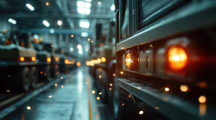 A line of military trucks are showcased in a dimly lit industrial environment, with sparks flying in their vicinity, representing strength, power, and mechanized motion.