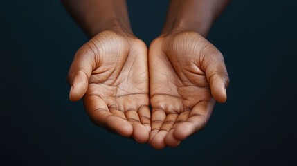 Two open hands are positioned closely together against a dark background, symbolizing generosity, support, and the human connection that bonds us all in various ways.