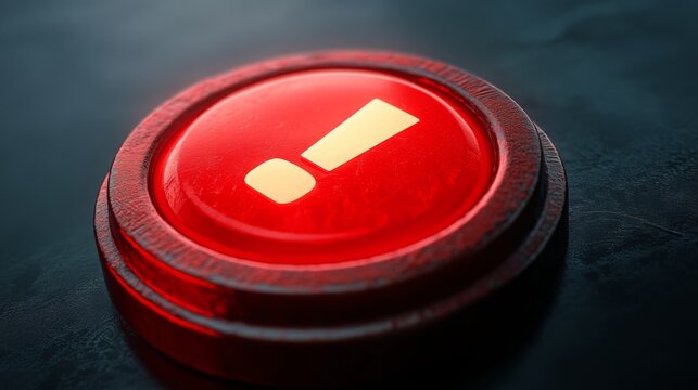 Red alert button with exclamation mark resting on a dark surface in a modern setting - Powered by Adobe