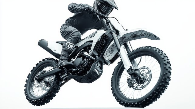 A motocross rider airborne on a dirt bike, wearing full gear and helmet, captured mid-jump against a clean white background.