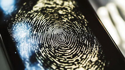 Closeup shot of a fingerprint displayed on a dark screen, highlighting intricate details.  Ideal for concepts of security, identity, technology, and forensic science.